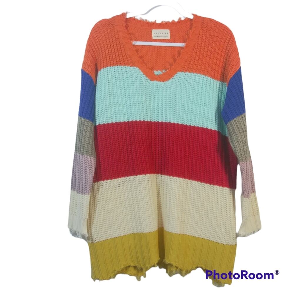 Dress Up Bright Multicolor Stripe Over Sized Distressed Knit Sweater Size S